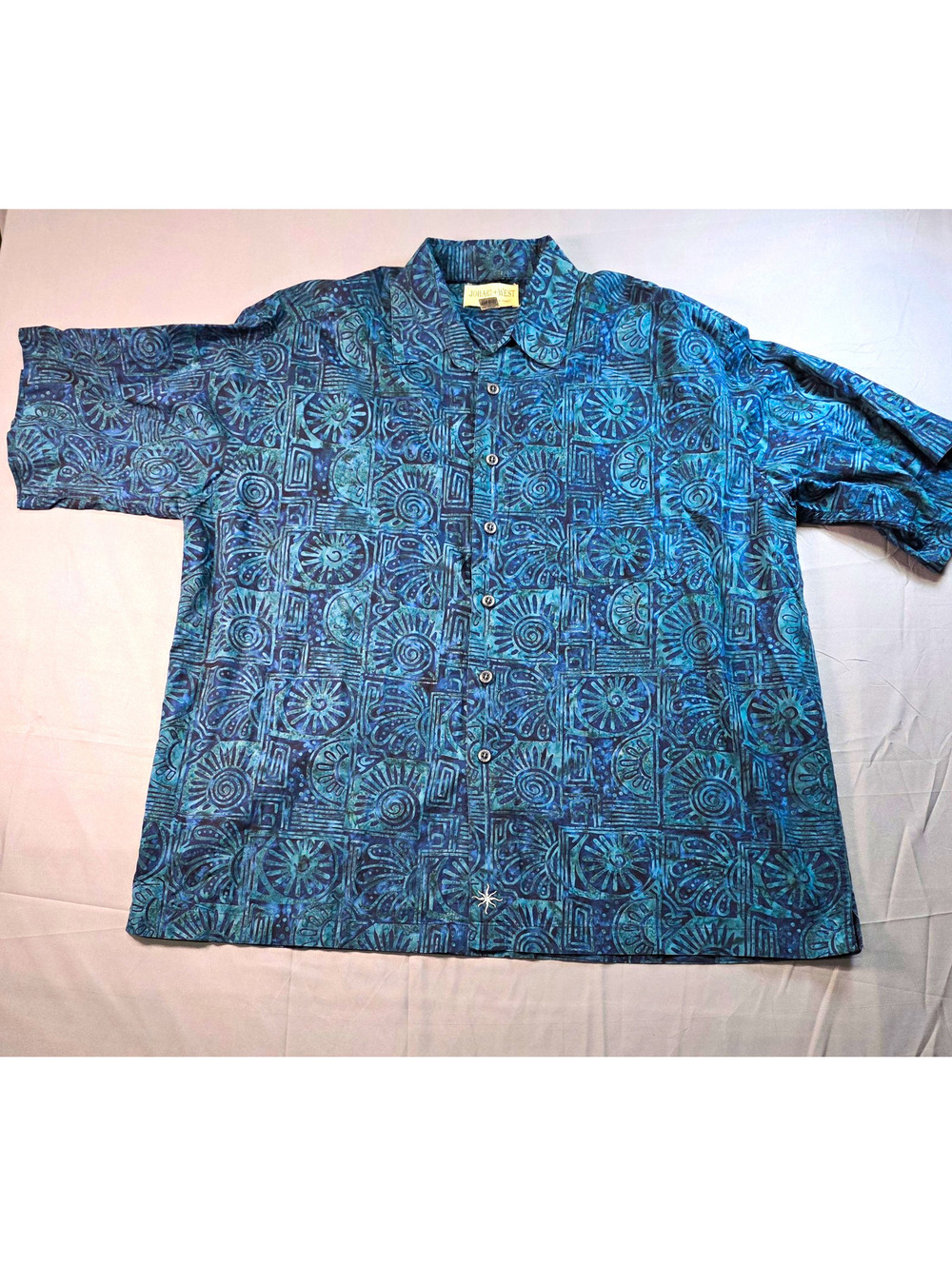Johari West Blue/Green Geometric Woven Cotton Short Sleeve Button-Up 2XL